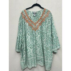 Catherines Top Women's 3X Green Orange Floral Embroidered Popover Blouse V-Neck